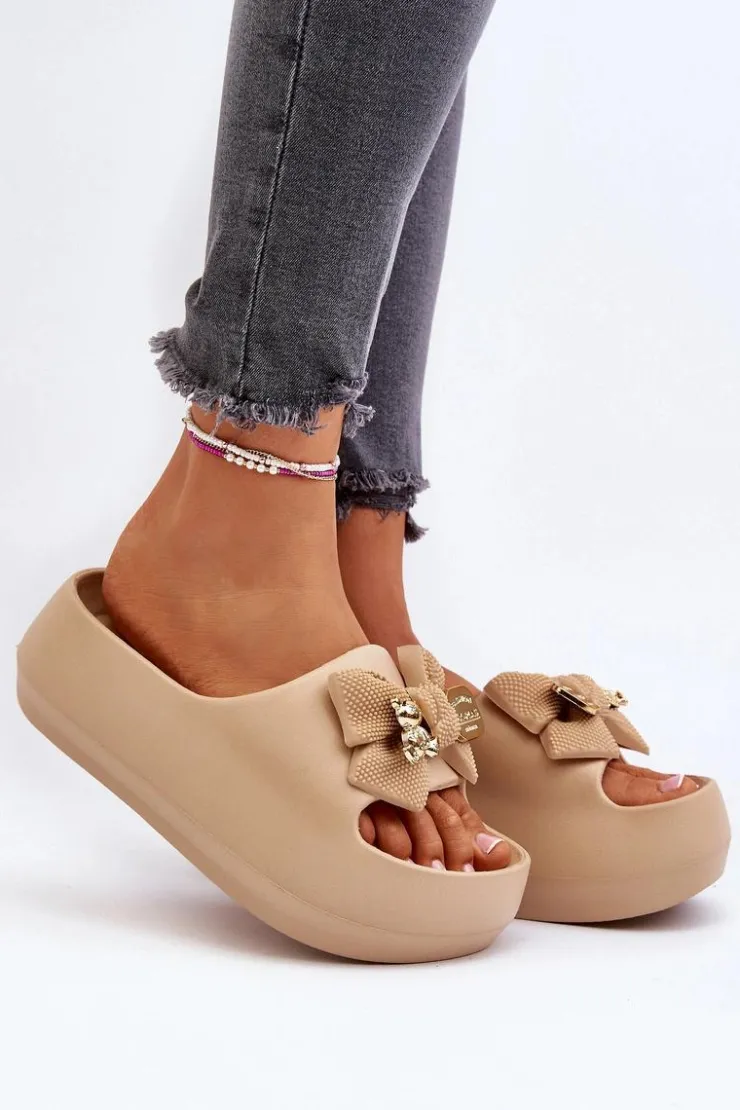 Damskie Boto Piankowe Klapki Damskie Z Kokardą Khaki Salessa