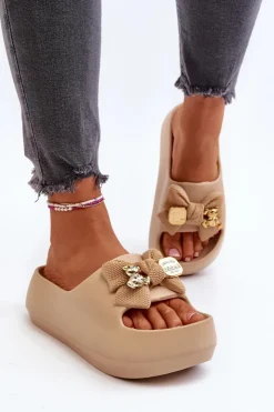 Damskie Boto Piankowe Klapki Damskie Z Kokardą Khaki Salessa