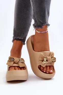 Damskie Boto Piankowe Klapki Damskie Z Kokardą Khaki Salessa