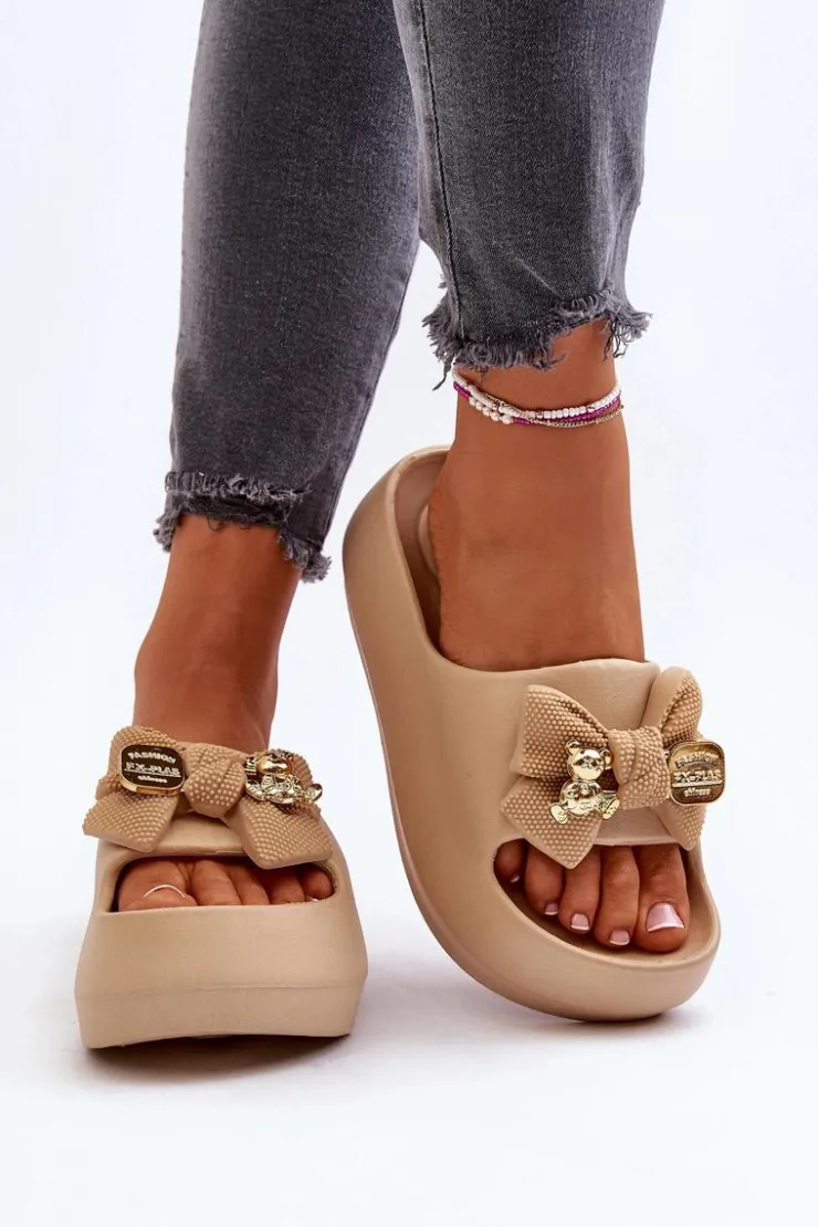 Damskie Boto Piankowe Klapki Damskie Z Kokardą Khaki Salessa