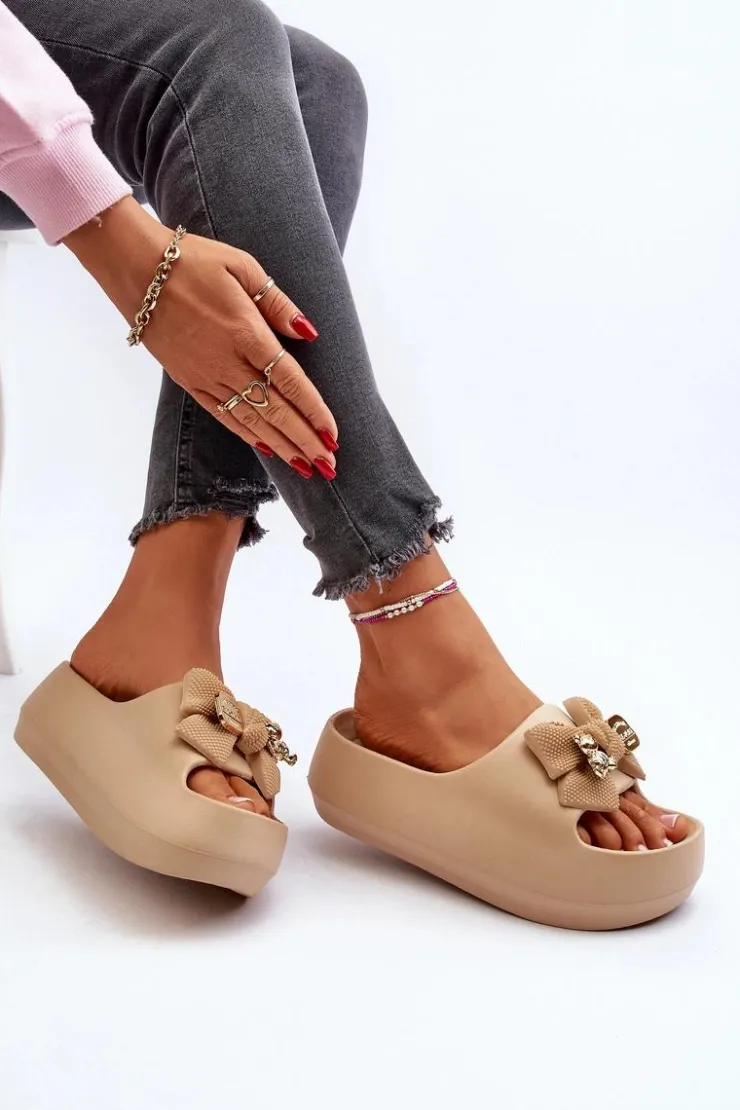 Damskie Boto Piankowe Klapki Damskie Z Kokardą Khaki Salessa