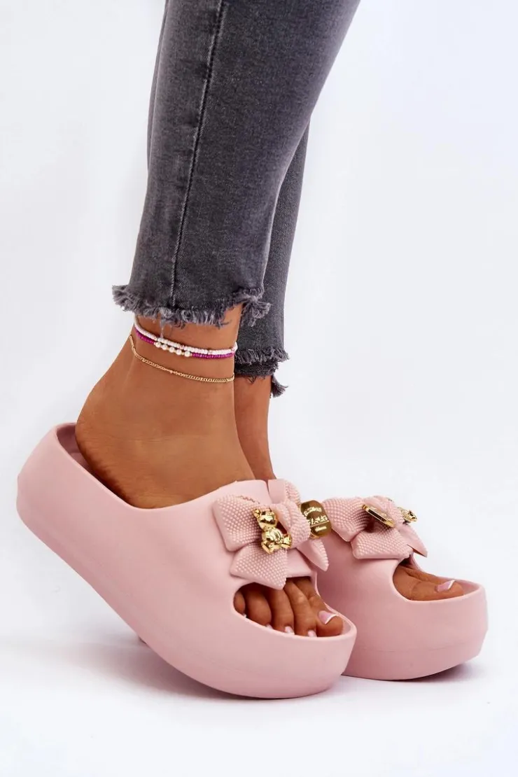 Boto Piankowe Klapki Damskie Z Kokardą Różowe Salessa Różowy
