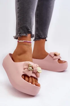 Boto Piankowe Klapki Damskie Z Kokardą Różowe Salessa Różowy