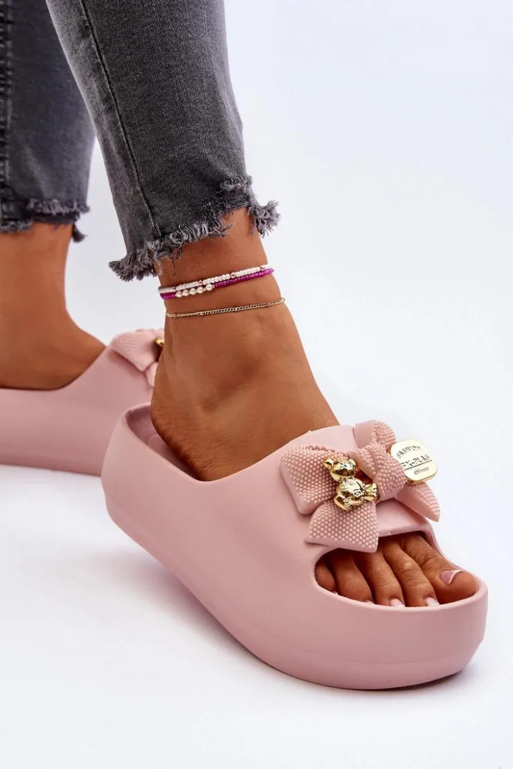 Boto Piankowe Klapki Damskie Z Kokardą Różowe Salessa Różowy