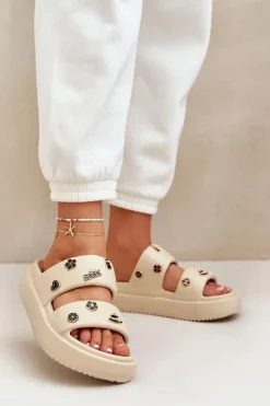 Discount Boto Piankowe Klapki Damskie Z Przypinkami Beżowe Ravanala Beżowy