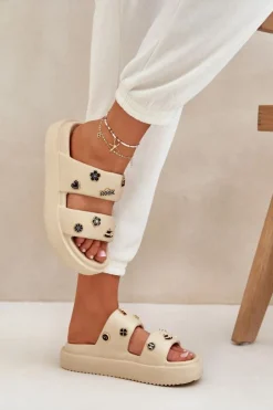 Discount Boto Piankowe Klapki Damskie Z Przypinkami Beżowe Ravanala Beżowy