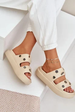 Discount Boto Piankowe Klapki Damskie Z Przypinkami Beżowe Ravanala Beżowy