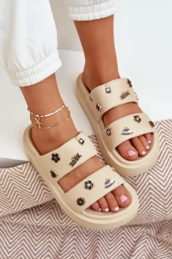 Discount Boto Piankowe Klapki Damskie Z Przypinkami Beżowe Ravanala Beżowy