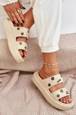 Discount Boto Piankowe Klapki Damskie Z Przypinkami Beżowe Ravanala Beżowy