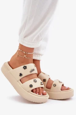 Discount Boto Piankowe Klapki Damskie Z Przypinkami Beżowe Ravanala Beżowy