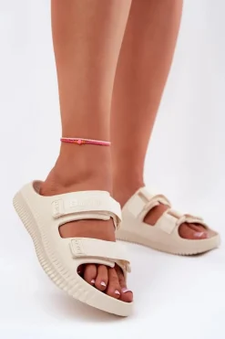 Damskie Big Star Shoes Piankowe Klapki Damskie Z Rzepami Big Star RR274A529 Beżowe