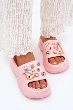 Boto Klapki Basenowe|Klapki Na Platformie*Piankowe Klapki Damskie Ze Złotymi Przypinkami Różowe Hortiana Różowy