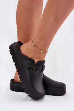 Evento Klapki Basenowe|Klapki Na Platformie*Piankowe Klapki Damskie Z Paskiem I Klamrą Czarne Larinie