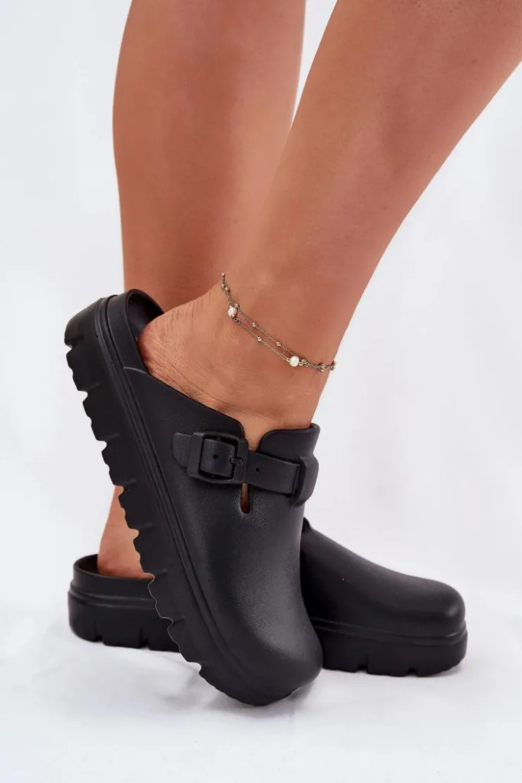 Evento Klapki Basenowe|Klapki Na Platformie*Piankowe Klapki Damskie Z Paskiem I Klamrą Czarne Larinie