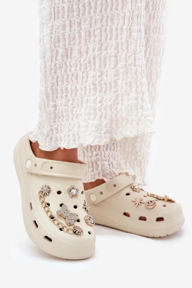 Boto Klapki Basenowe|Klapki Na Platformie*Piankowe Klapki Damskie Z Przypinkami Beżowe Linaviela