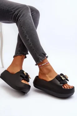 Hot Boto Piankowe Klapki Damskie Z Kokardą Czarne Salessa