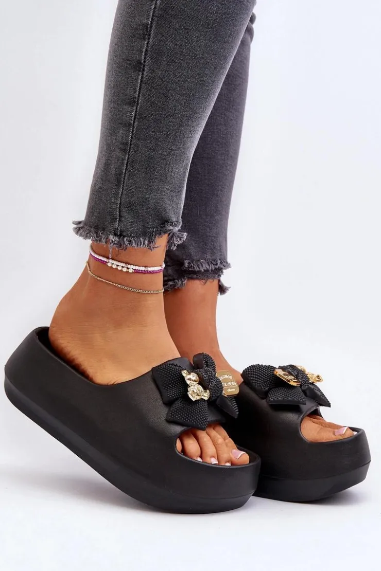 Hot Boto Piankowe Klapki Damskie Z Kokardą Czarne Salessa