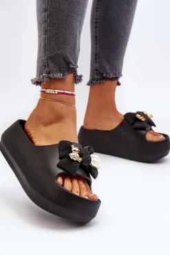 Hot Boto Piankowe Klapki Damskie Z Kokardą Czarne Salessa