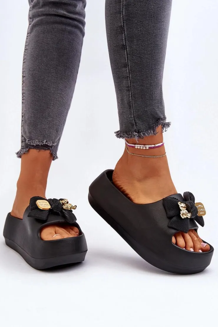 Hot Boto Piankowe Klapki Damskie Z Kokardą Czarne Salessa