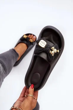 Hot Boto Piankowe Klapki Damskie Z Kokardą Czarne Salessa