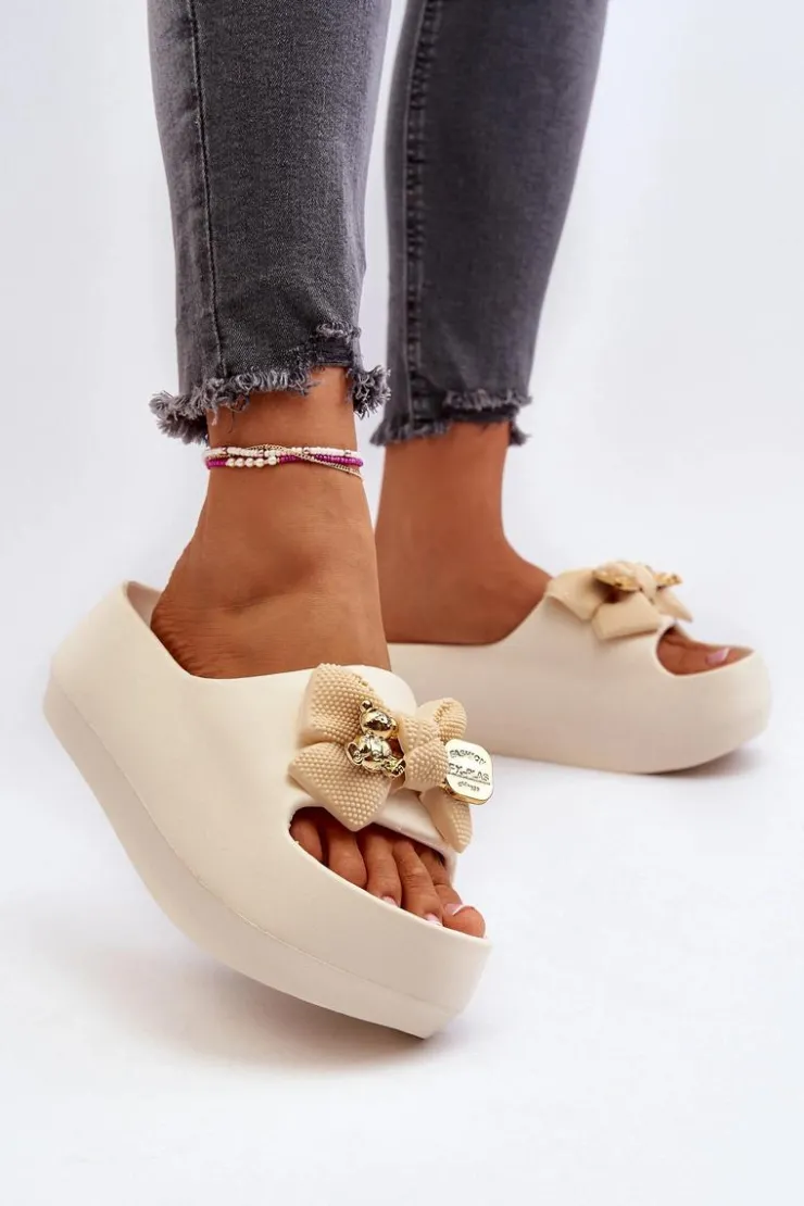 Boto Klapki Na Platformie|Klapki Damskie Klasyczne*Piankowe Klapki Damskie Z Kokardą Beżowe Salessa