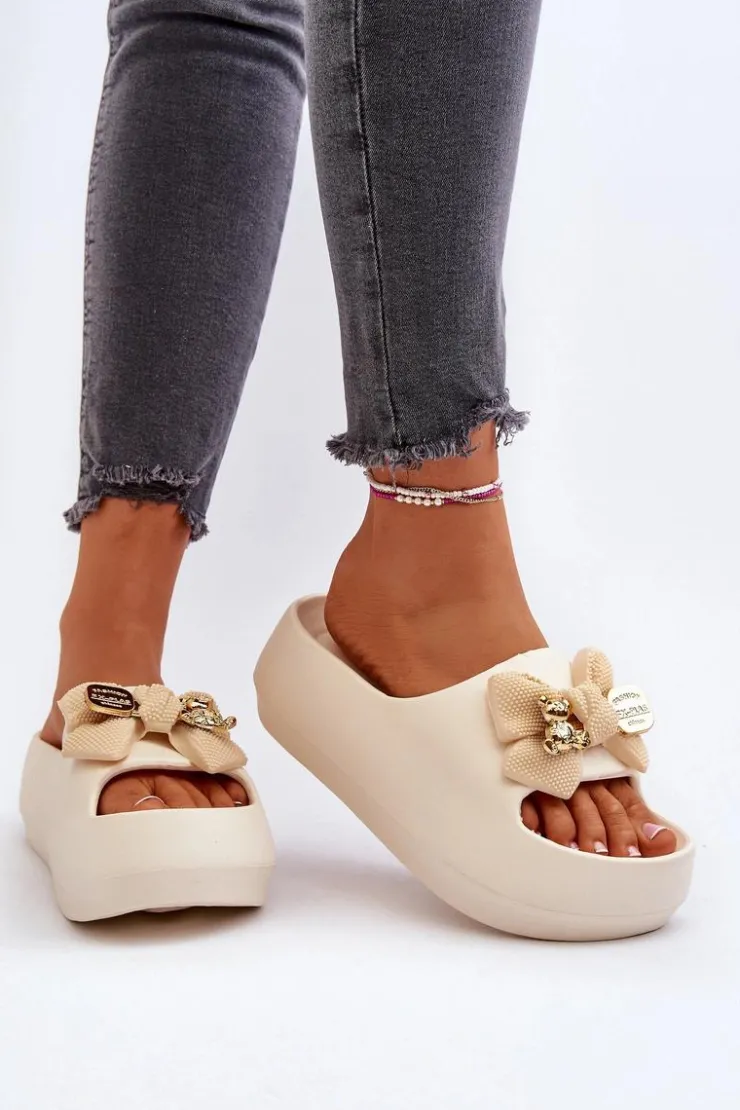 Boto Klapki Na Platformie|Klapki Damskie Klasyczne*Piankowe Klapki Damskie Z Kokardą Beżowe Salessa