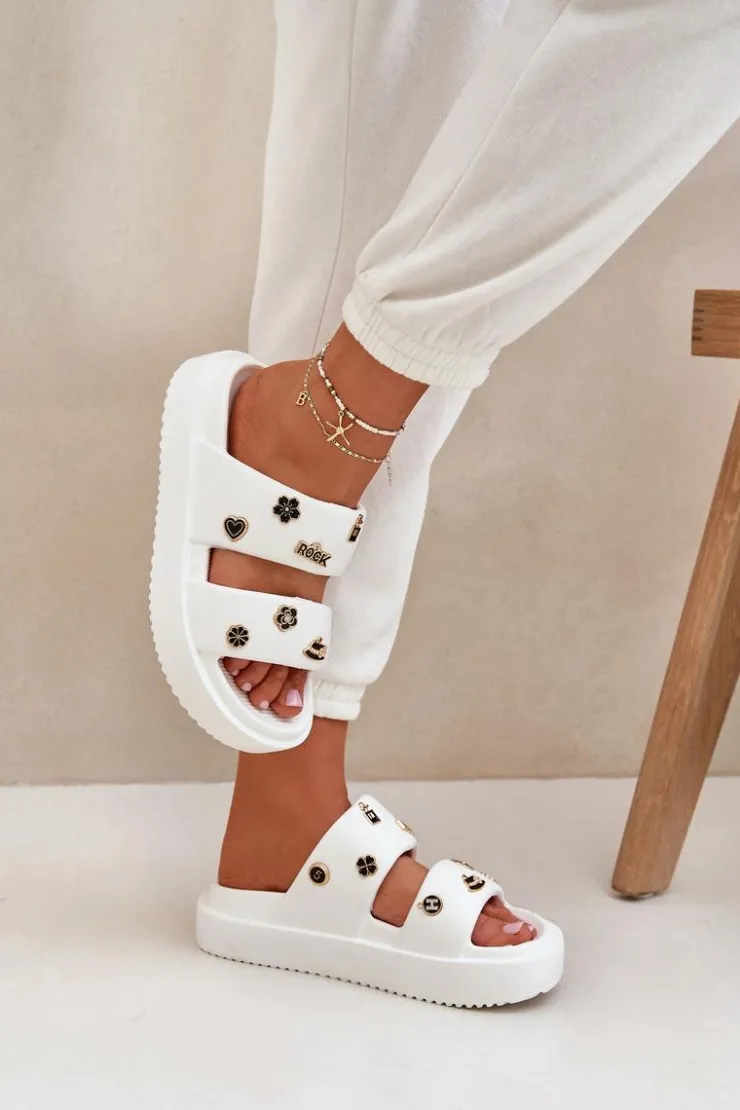 Damskie Boto Piankowe Klapki Damskie Z Przypinkami Białe Ravanala