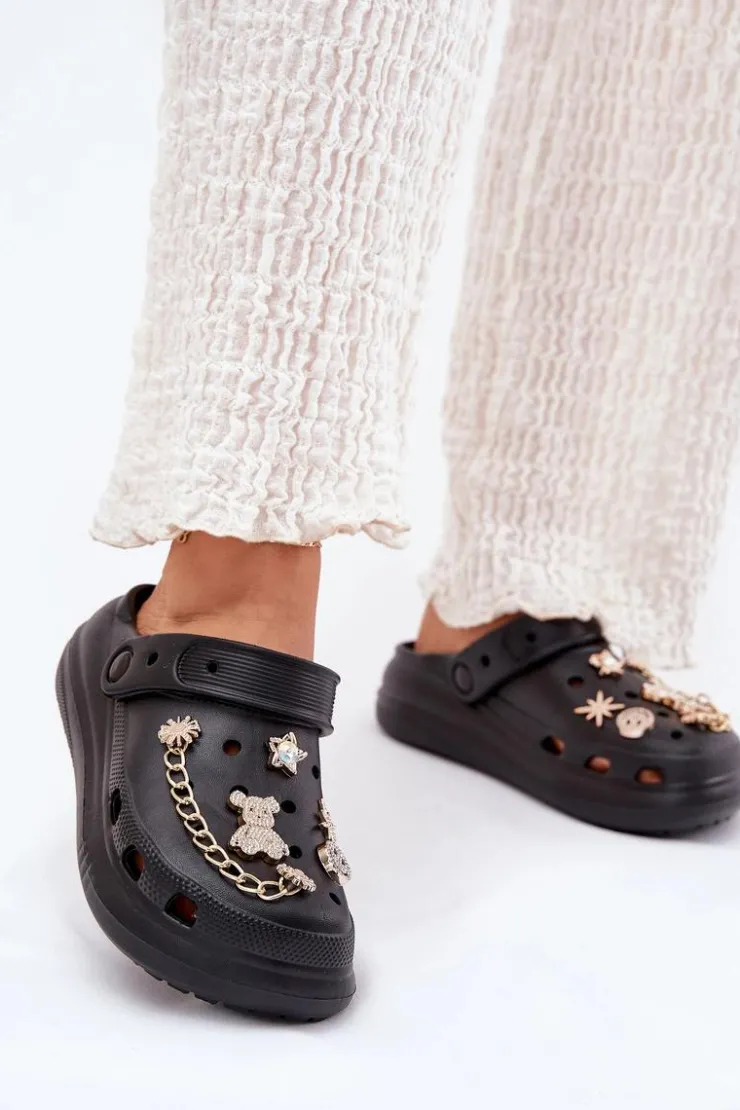 Damskie Boto Piankowe Klapki Damskie Z Przypinkami Czarne Linaviela