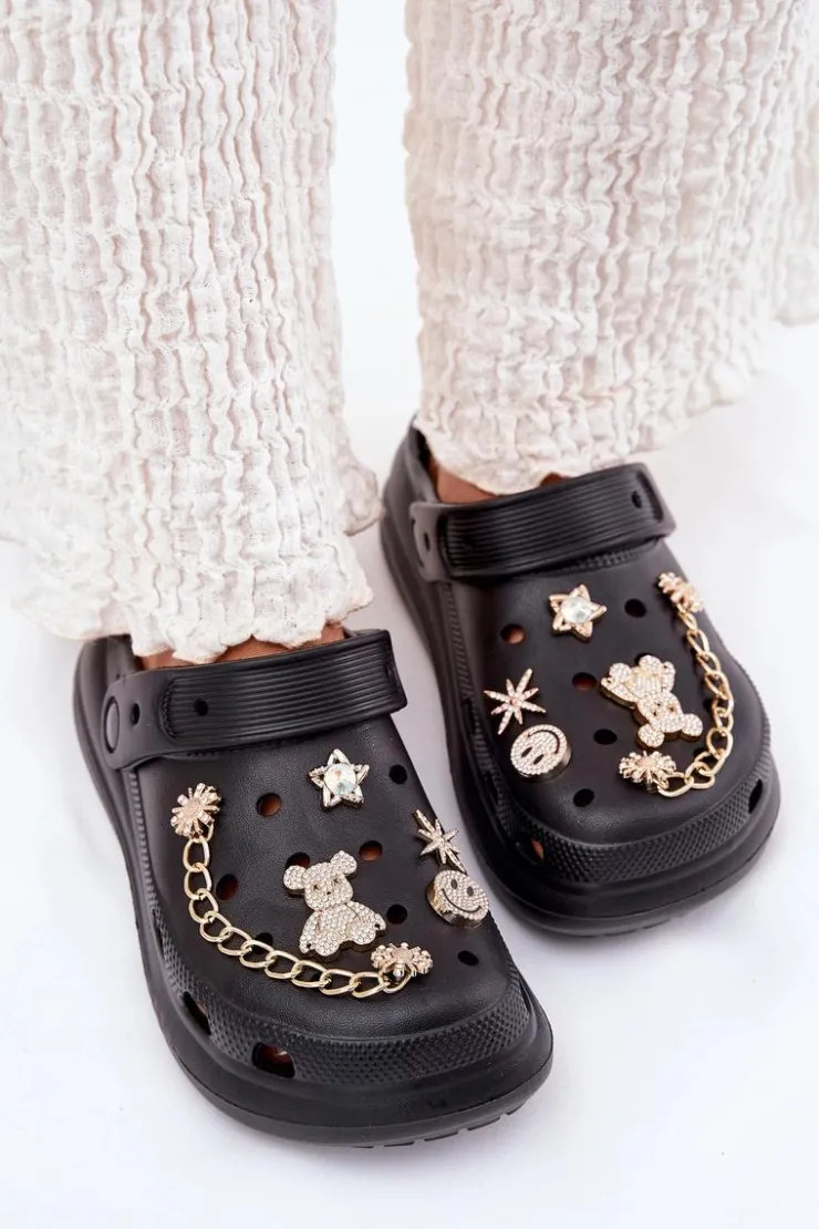 Damskie Boto Piankowe Klapki Damskie Z Przypinkami Czarne Linaviela