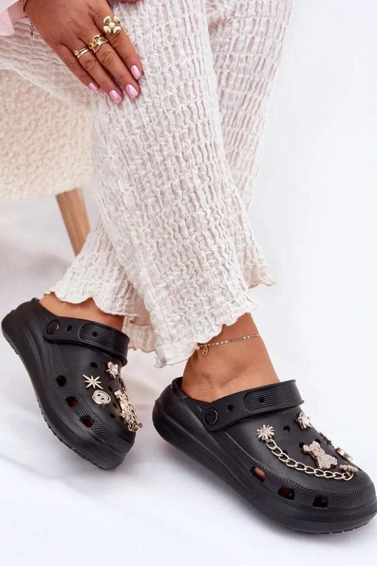 Damskie Boto Piankowe Klapki Damskie Z Przypinkami Czarne Linaviela