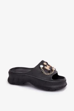 Outlet Boto Piankowe Klapki Damskie Ze Złotymi Przypinkami Czarne Hortiana Czarny