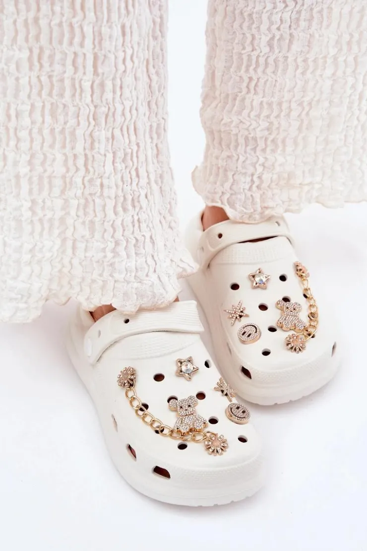 Online Boto Piankowe Klapki Damskie Z Przypinkami Białe Linaviela