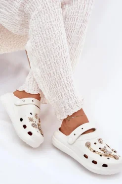 Online Boto Piankowe Klapki Damskie Z Przypinkami Białe Linaviela