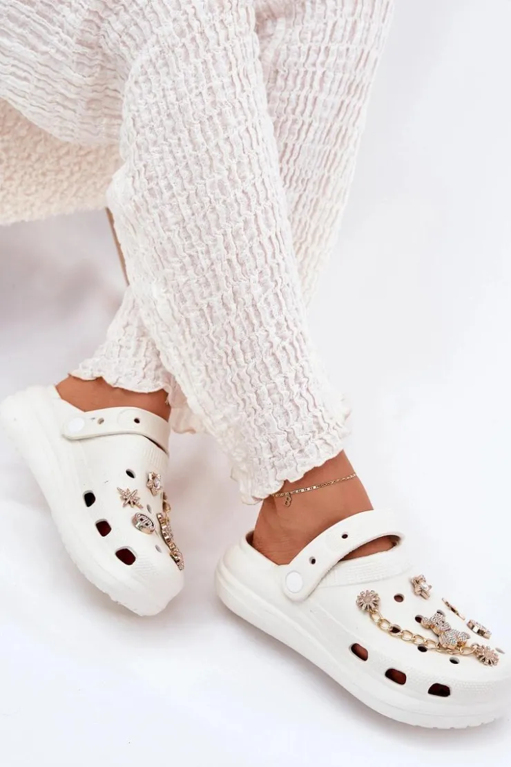 Online Boto Piankowe Klapki Damskie Z Przypinkami Białe Linaviela