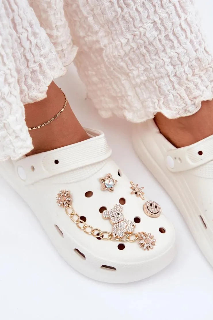 Online Boto Piankowe Klapki Damskie Z Przypinkami Białe Linaviela