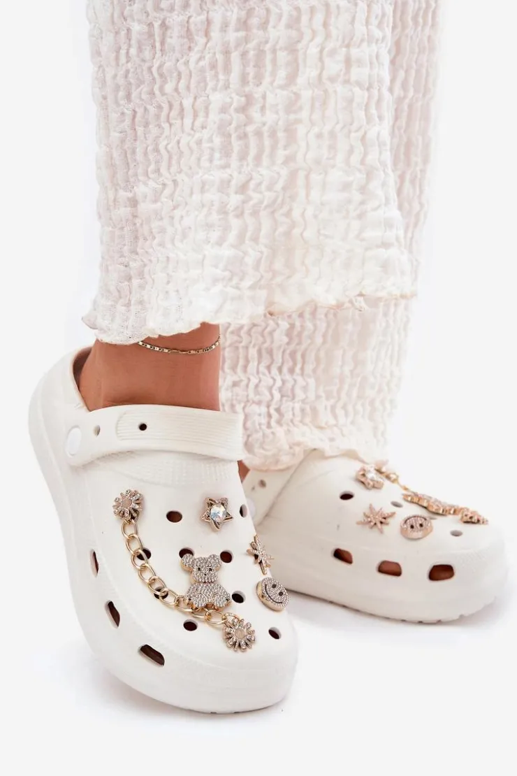 Online Boto Piankowe Klapki Damskie Z Przypinkami Białe Linaviela