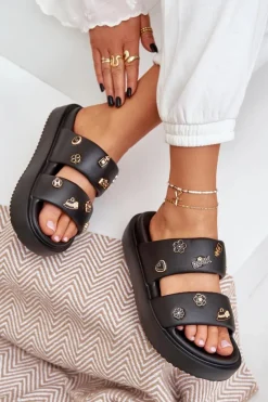 Boto Klapki Basenowe|Klapki Na Platformie*Piankowe Klapki Damskie Z Przypinkami Czarne Ravanala Czarny