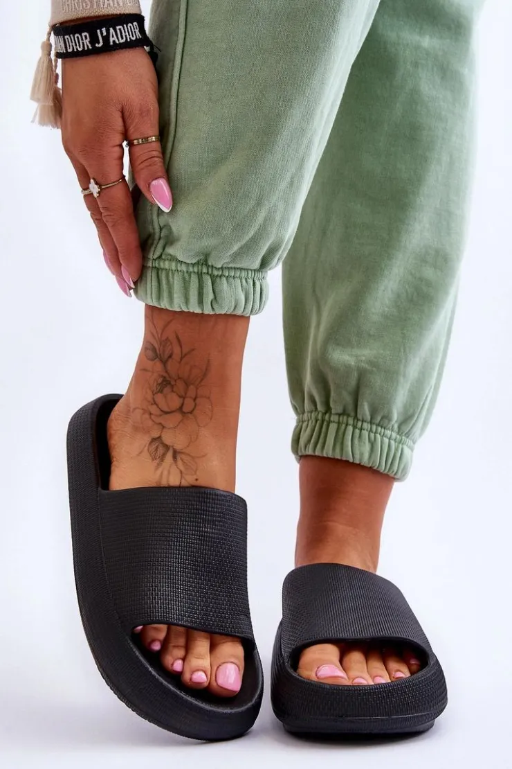 Boto Klapki Basenowe|Klapki Na Platformie*Piankowe Modne Klapki Na Masywnej Platformie Czarne Linnea