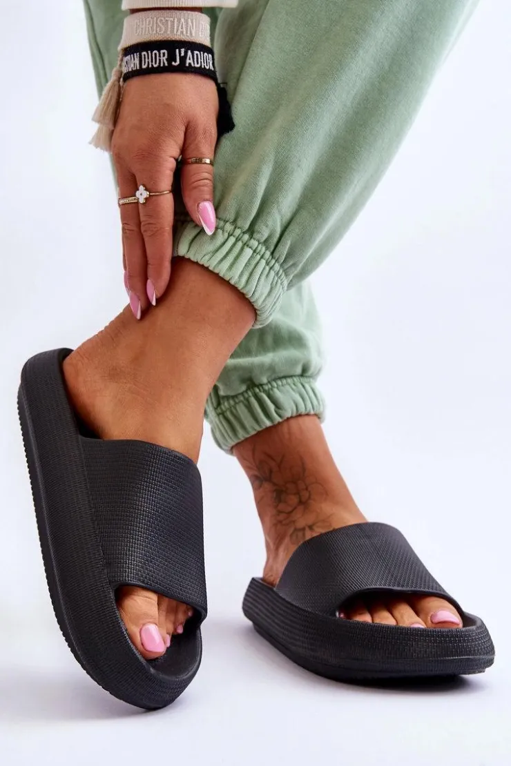 Boto Klapki Basenowe|Klapki Na Platformie*Piankowe Modne Klapki Na Masywnej Platformie Czarne Linnea