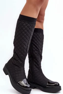 Boto Kozaki Płaskie|Kozaki Przed Kolano*Pikowane Kozaki Przed Kolano Na Płaskim Obcasie Czarne Amalfri