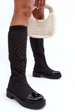Boto Kozaki Płaskie|Kozaki Przed Kolano*Pikowane Kozaki Przed Kolano Na Płaskim Obcasie Czarne Amalfri