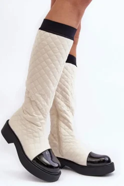 Boto Pikowane Kozaki Przed Kolano Na Płaskim Obcasie Beżowe Amalfri