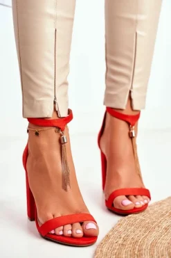 Boto Sandały Na Obcasie*Pomarańczowe Zamszowe Sandałki na Słupku z Frędzlem Annick