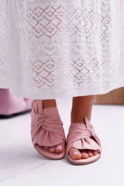 Evento Klapki Damskie Klasyczne*Połyskujące Klapki Z Wiązaniem Różowe Emilia