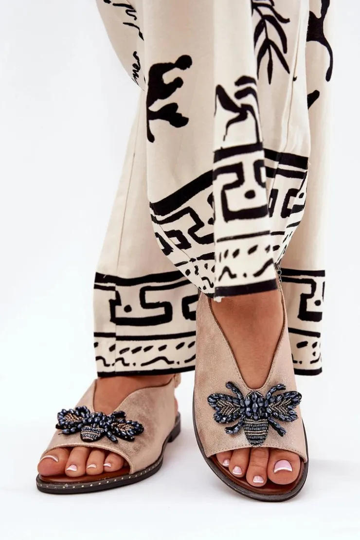 Damskie Boto Połyskujące Sandały Damskie Z Ozdobą Płaskie Różowe Złoto Russona