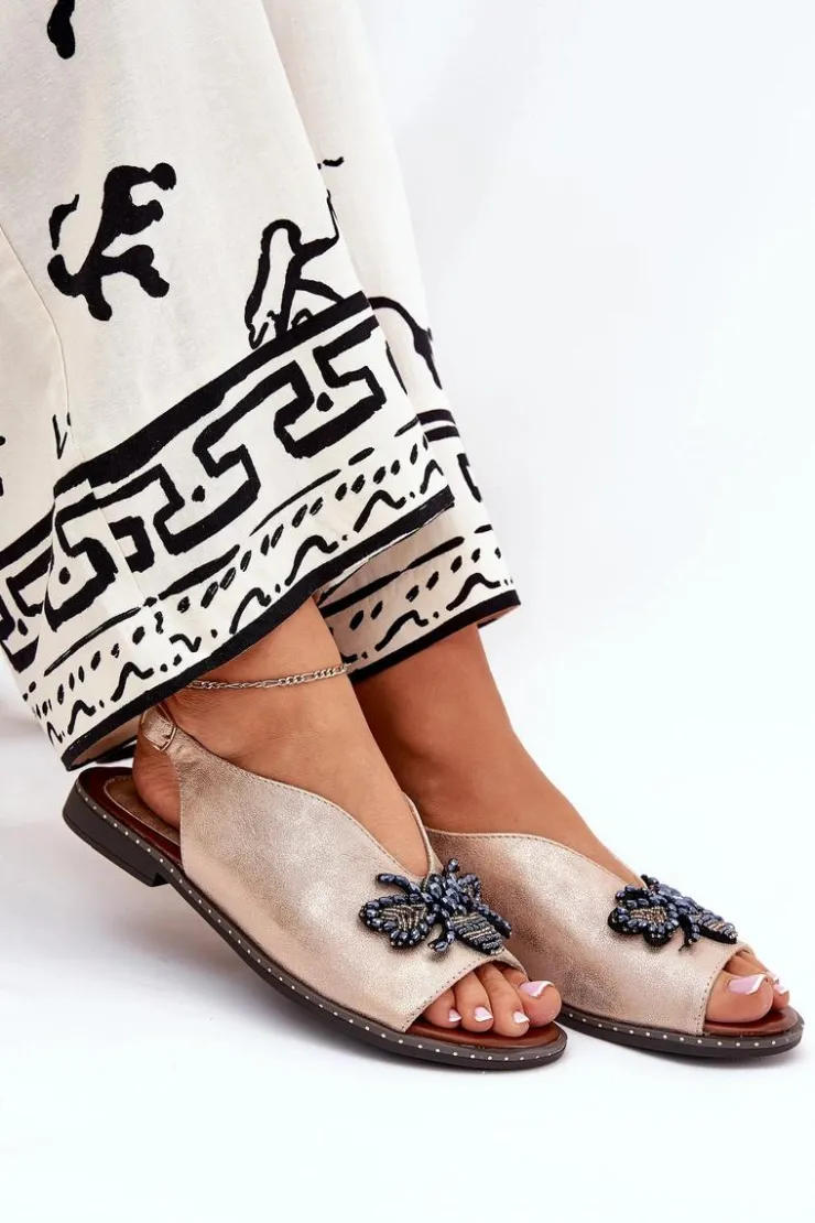 Damskie Boto Połyskujące Sandały Damskie Z Ozdobą Płaskie Różowe Złoto Russona