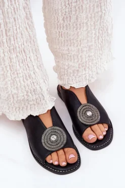 Damskie buty S.Barski Sandały Z Cholewką|Sandały Płaskie*Połyskujące Sandały Damskie Ozdobnym Detalem S.Barski KV51-012 Czarne Czarny