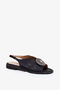 Damskie buty S.Barski Sandały Z Cholewką|Sandały Płaskie*Połyskujące Sandały Damskie Ozdobnym Detalem S.Barski KV51-012 Czarne Czarny