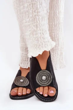 Damskie buty S.Barski Sandały Z Cholewką|Sandały Płaskie*Połyskujące Sandały Damskie Ozdobnym Detalem S.Barski KV51-012 Czarne Czarny