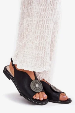 Damskie buty S.Barski Sandały Z Cholewką|Sandały Płaskie*Połyskujące Sandały Damskie Ozdobnym Detalem S.Barski KV51-012 Czarne Czarny